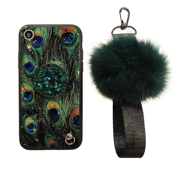 

wholesale fashion rhinestone holder retro marble fur ball mobile phone case for samsung note 10 pro a10 a20