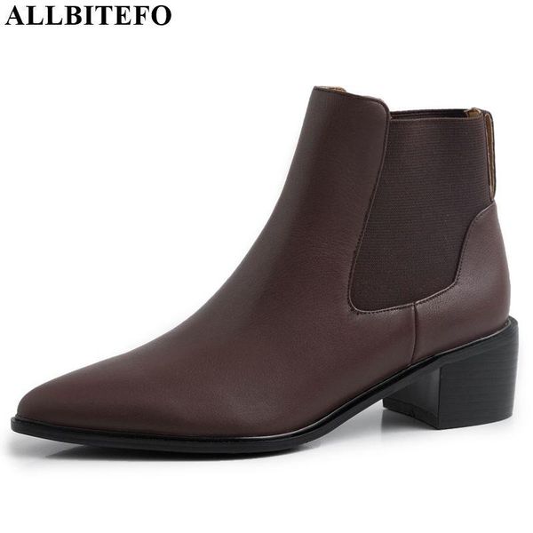 

allbitefo natural genuine leather women boots pure color autumn winter ankle boots fashion woman pointed toe, Black