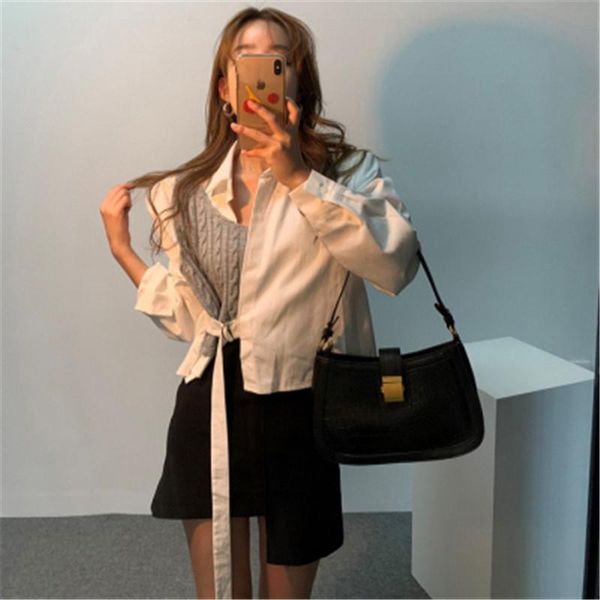 

2021 women's blouse autumn temperament stylish patchwork knitted lace-up blusas casual lady cotton blusas, White