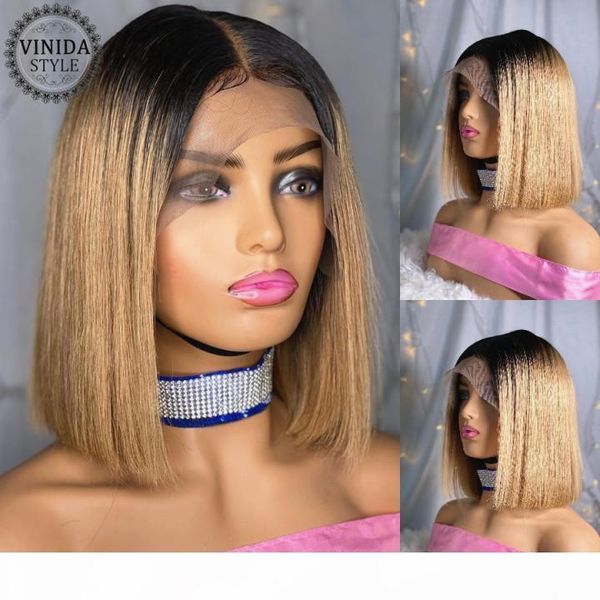 

vinida style ombre bob t-part lace front human hair wigs scalp closure wigs 130% density with baby hair non-remy, Black;brown
