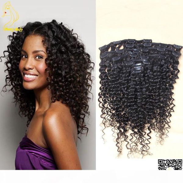 

kinky curly clip in human hair extensions brazilian hair clips in hair extension jerry curl 100g~200g natural black, Black;brown