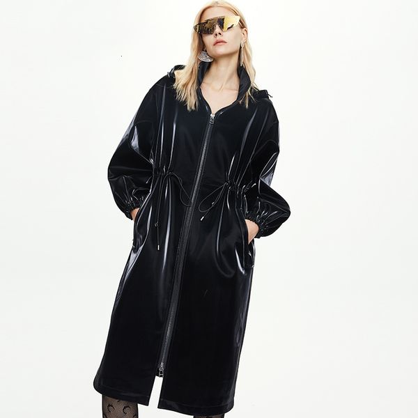 

2021 new female fashion thin waist design oversized with hood pu long trench femme coat streetwear xlra, Tan;black