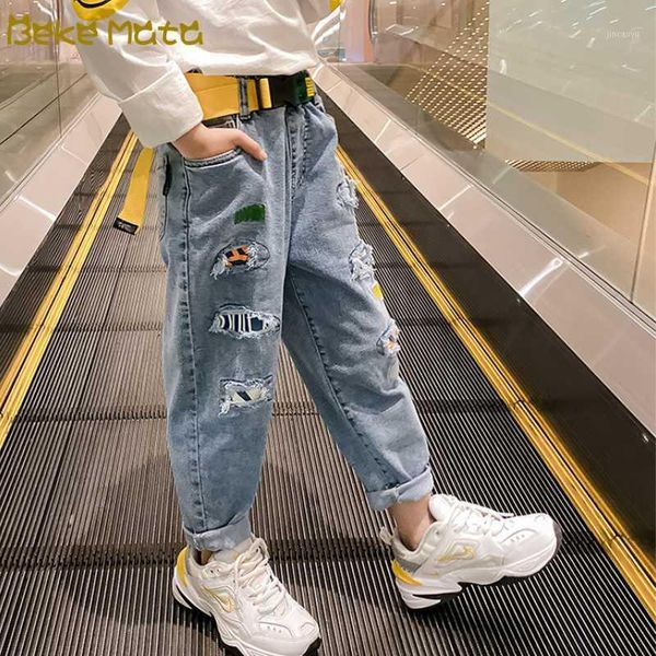 

ripped jeans for teenage girls 2020 spring letter denim ans pants children's boutique pencil trousers 3 to 10 years1, Blue