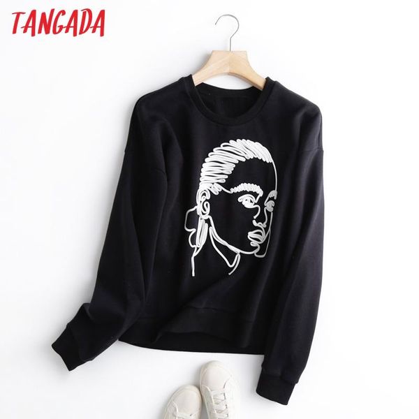 

tangada women charater print fleece sweatshirts oversize long sleeve o neck loose pullovers female 2e15, Black