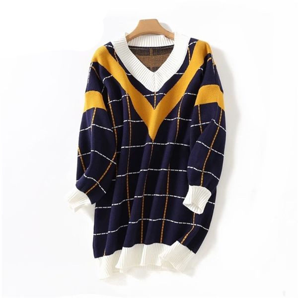 

hsa autumn new women sweater dress v neck loose sweater and pullover jumpers patchwork plaid long sweaters roupas femininas lj201114, White;black