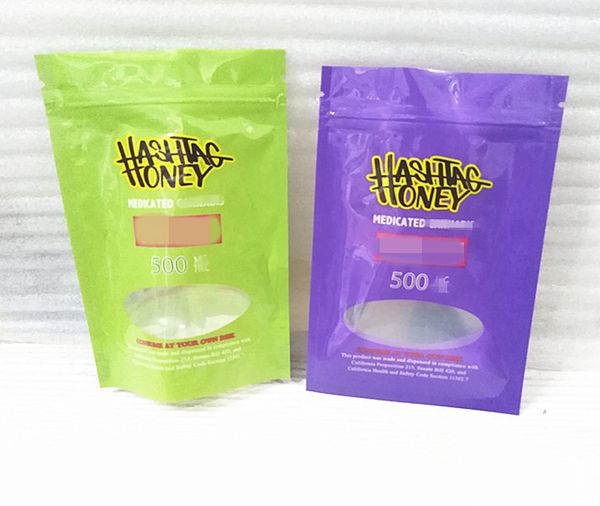 

hashtag honey medicated 500mg lol edibles packaging purple green black mylar bag resealable zipper plastic pouch