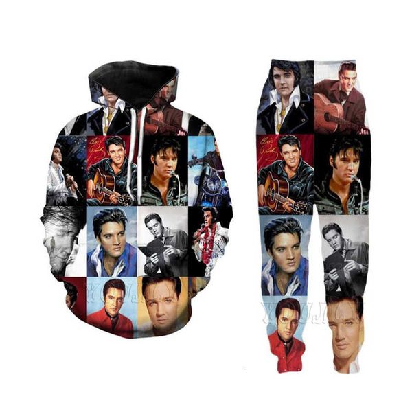 

new fashion mens/womens elvis presley funny 3d print casual hoodie+pants 10, Black