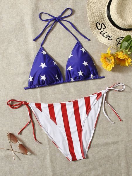 

plus star & striped print tie side bikini swimsuit h4dv#, Black