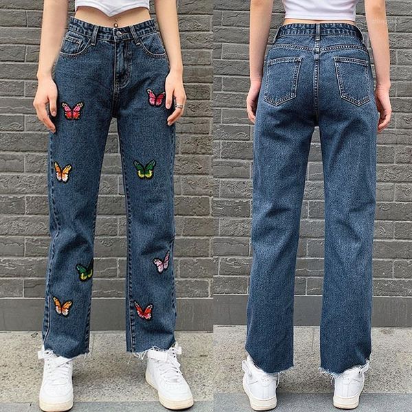 

butterfly pattern straight denim pants women fashion preppy style high waist trousers casual streetwear outfits1, Black;white