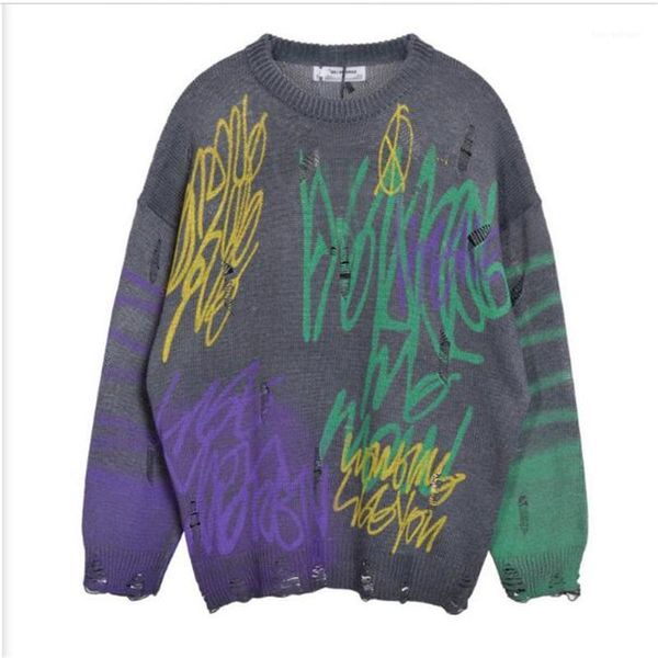 

men's sweaters 2021 boy/girl cotton o-neck graffiti jacquard broken hole long sleeve pullovers streetwear hip hop vintage loose kniting, White;black