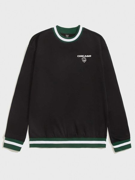 

men striped trim cartoon and letter graphic pullover x807#, Black