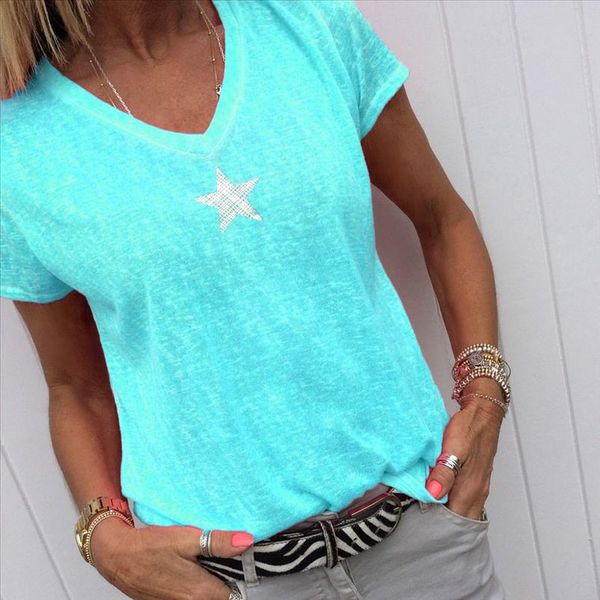 

2021 summer women short sleeve v neck neon pink t shirt fashion knitted tee femme solid casual, White