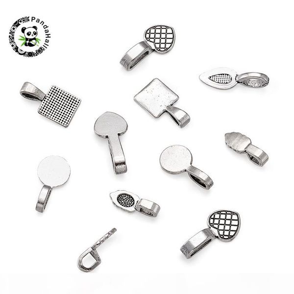 

10set mixed shape tibetan style alloy glue on flat bails flat bails for jewelry making 15~21x6~10x1.5~2mm hole: 4~8x3~4mm, Silver