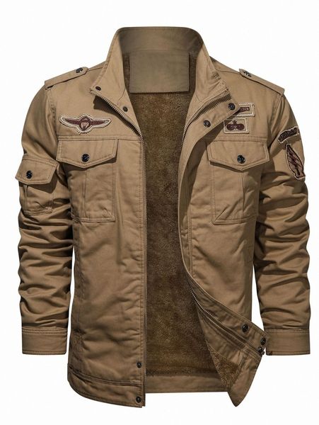

men flap pocket letter patched teddy lined jacket g52w#, Black;brown