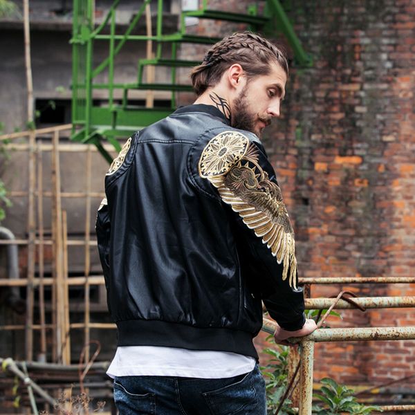 

autumn winter classic brand men bomber leather jackets red black pu outwear gold wings embroidery punk motorcycle slim coat kg-121, Black;brown