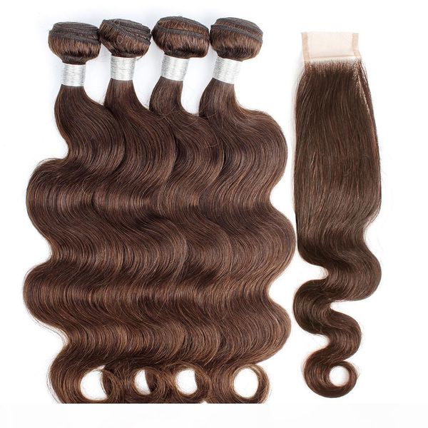 

#4 chocolate brown brazilian hair weave bundles with closure body wave 3 4 bundles with 2x6 lace closure remy human hair extensions, Black;brown