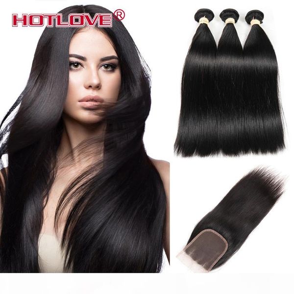 

hotlove hair peruvian прямые человеческие пакеты волос с кружевным закрытием средний бесплатные три части натуральные черные 3 пучка закрыти, Black;brown