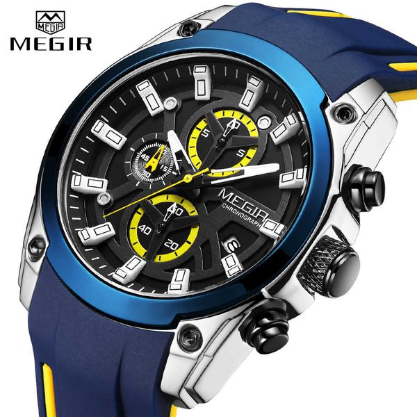 

megir fashion new men's watch brand sports quartz clock men's silicone strap chronograph waterproof luminous watch date calendar, Silver