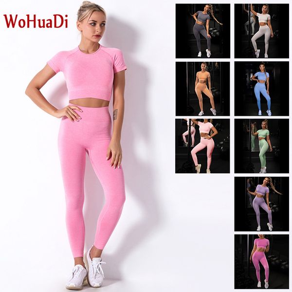 

wohuadi women's clothing seamless sport suit gym fitness workout female yoga set short sleeve crop t-shirt+leggings push up c0122, Gray