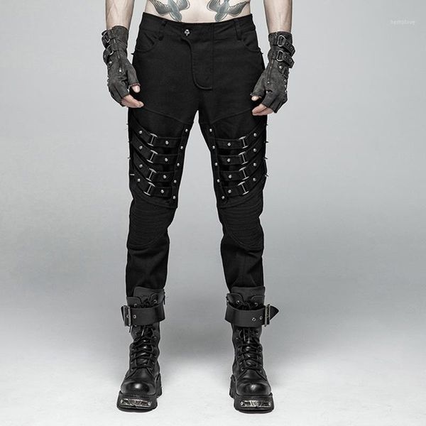 

punkrave men's heavy metal punk trousers street style twill woven metal rivet handsome casual pencil pants1, Black