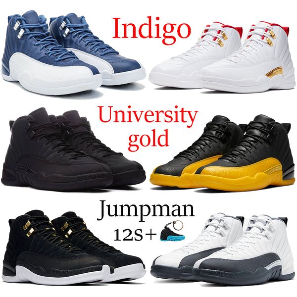 

jumpman 12s 12 university gold indigo men basketball shoes reverse taxi gym red white dark grey sneakers winter black cny running trainers