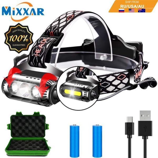 

ezk20 dropshipping t6 xpe led headlamp 2 sides rotating 3 light source 8 modes multi-function usb cob headlight1