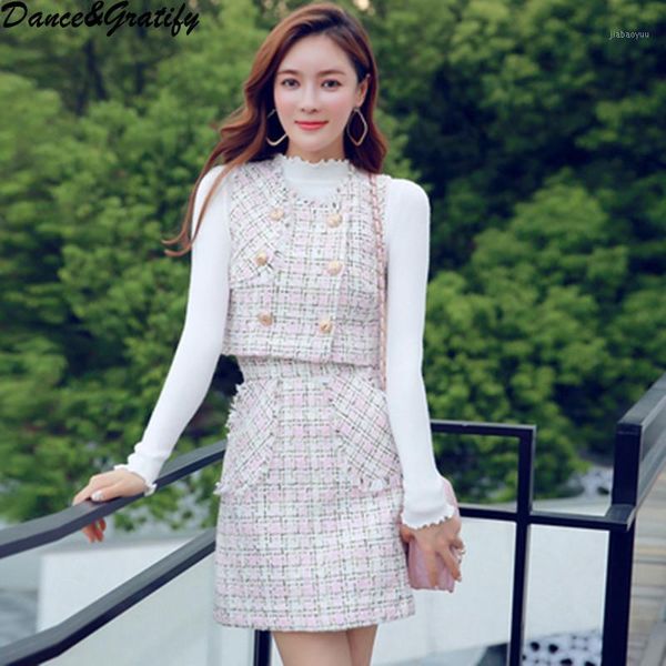 

2020 winter autumn women's tweed wool vest jacket mini skirt 3 pieces twinset ladies white knitting sweater christmas party sets1, Gray