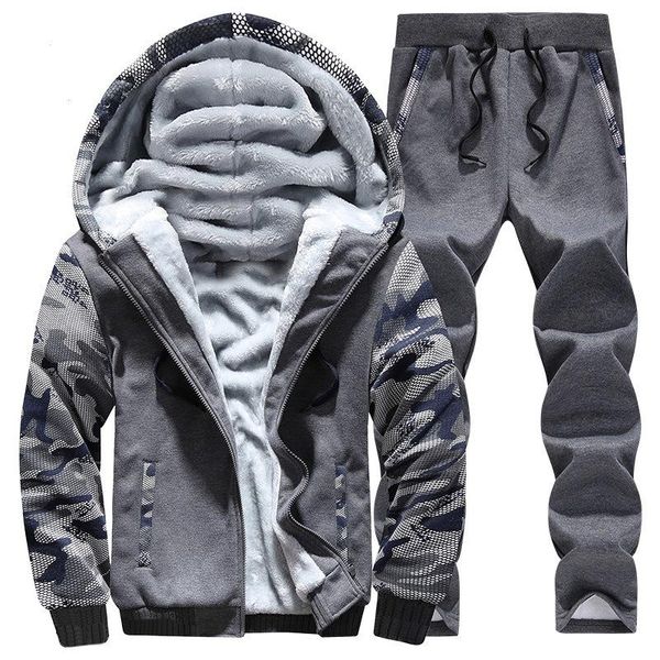 

men's tracksuits winter hoodies men suits fleece fashion thicken warm zipper coat tracksuit sweatpants sportswear outdoors streetwear, Gray
