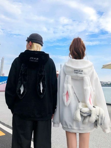 

couple's clothes autumn winter lovely rabbit ears plush thickened hooded sweater men and women ins national trend coat, Black