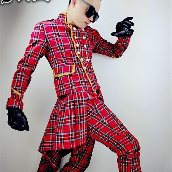 

plus size new 2020 dj men's brand fashion scottish red plaid stage male suits men singer costume suit clothing jacket coats c1118, Black;brown