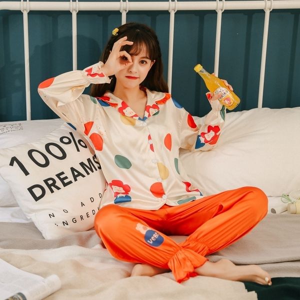 

spring summer silk satin long sleeve pajama sets for women comic print sleepwear outwear homewear pijama mujer home clothes 201114, Black;red