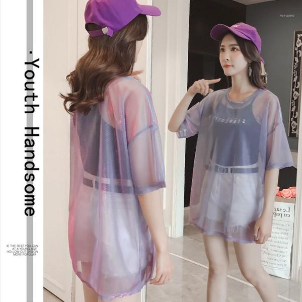 

fashion hollow out t shirt women transparent summer ladies short sleeve loose two set t-shirts women tee shirt1, White