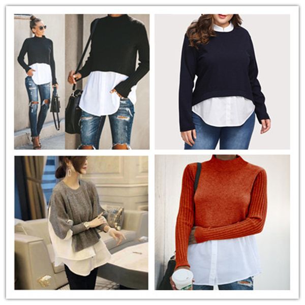 

2021 spring autumn womens panelled sweaters fashion crew neck with button female pullover knits clothing, White;black