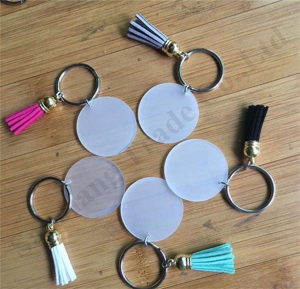 

4cm blank disc with suede tassel vinyl keyring round key chain holder gold silver monogrammed clear acrylic disc tassel keychain dhl a110403, Red;brown