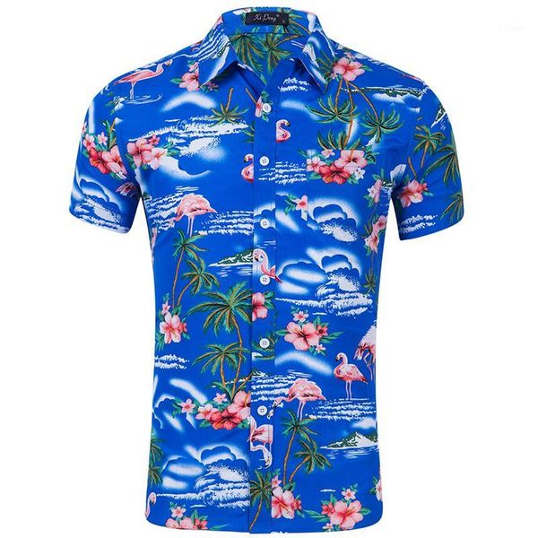 

men hawaiian shirt new 2020 summer male short sleeve palm tree flamingos beach party shirt cotton plus size camisas masculinas1, White;black