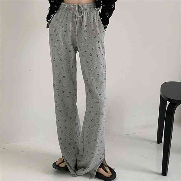 

vintage long flare pants women korean streetwear smile print high waist trousers casual lady front split bell bottom sweatpants, Black;white