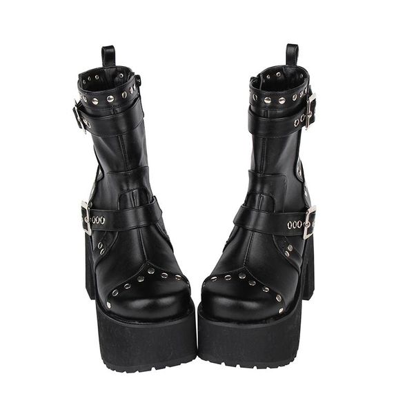 

boots women thick platform studded buckle strap punk rock ankle, Black