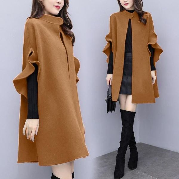 

women's wool & blends 2021 5xl autumn shawl cloak ruffle flare sleeve female woolen coats fashion loose ladies capes long jackets, Black