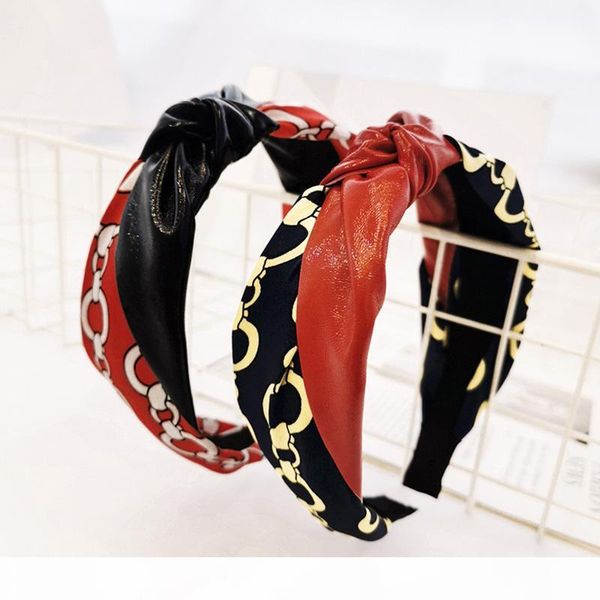 

satin chain print hairband knotted women girls korean patchwork headband pu leather hairband hippie hair accesosries