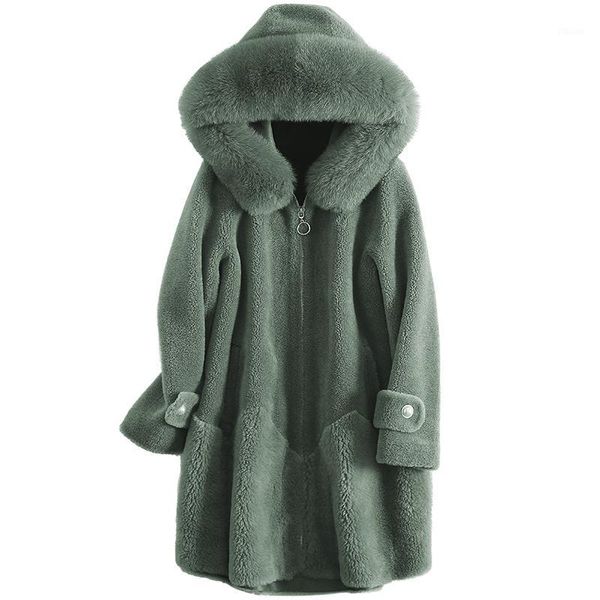 

women 2020 winter new fashion real fur collar jacket female sheep shearing hooded coats ladies mid-long loose overcoats q611, Black