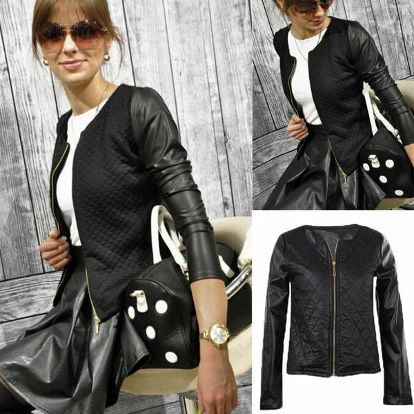

new spring and autumn women quilted o-neck long sleeve pu leather jacket coat outwear short jackets slim fashion lady coats1, Black;brown