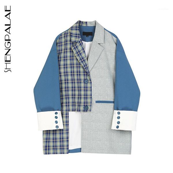 

shengpalae contrasting color blazer for women's 2020 spring autumn korean large size plaid patchwork long sleeve suit coat 5a5421, White;black