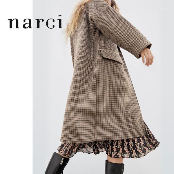 

narci 2020 new womens checked long coat for winter spring ladies houndstooth plaid coat brown turn down collar loose overcoat1, Black
