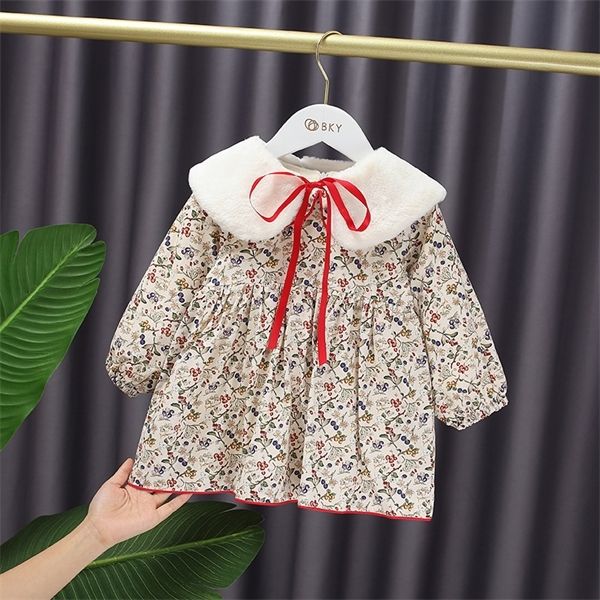 

winter baby girls sweet floral long-sleeved dress children princess dress with thick fur collar bow kids q1117, Red;yellow