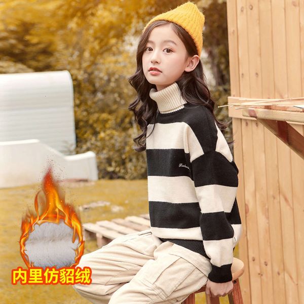 

one girl's plush cashmere all in thickened stripe new 2020 sweater korean autumn and winter high collar knitted bottom coat aohk, Blue