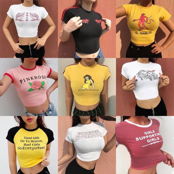 

new harajuku style fashion graphic tees women colored pink rose female kawaii print shirt tight bare midriff t-shirt, White