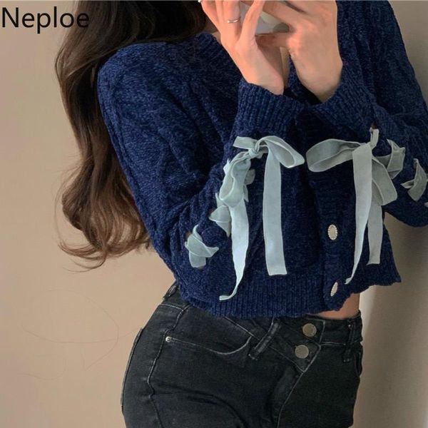 

women's knits & tees neploe knit cropped sweater women crop v-neck long sleeve blue cardigan coat fall 2021 woman chic lace up bow sue, White
