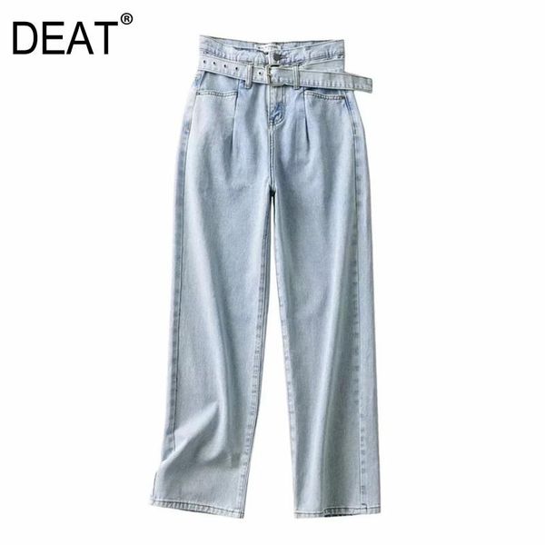 

deat] 2021 spring new fashion tide loose fit straight pants high waist sashes solid color temperament women jeans 13a798, Blue