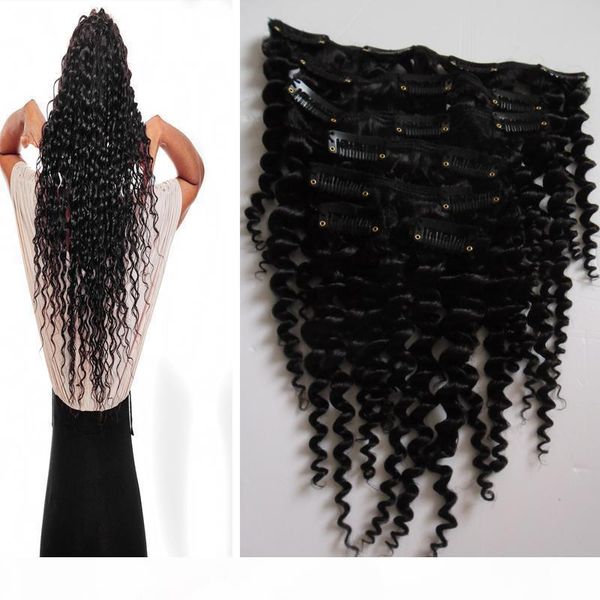 

brazilian kinky curly human clip in hair extensions hair weave natural color 7pcs set unprocessed virgin brazilian hair, Black;brown