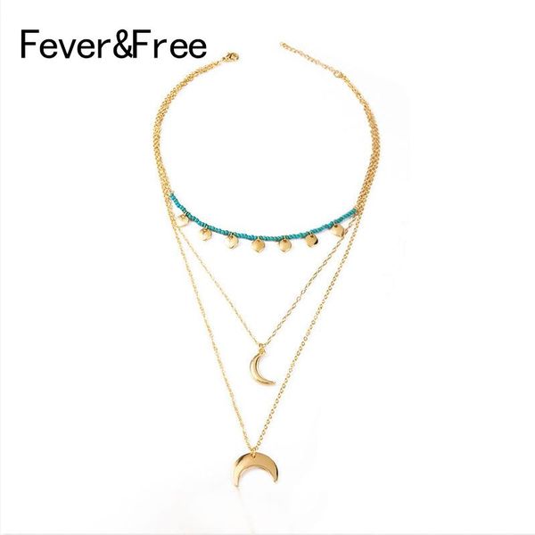 

pendant necklaces fever&gold color tiny round long necklace pendants for women 3 layers crescent moon jewelry collares de moda 2021, Silver